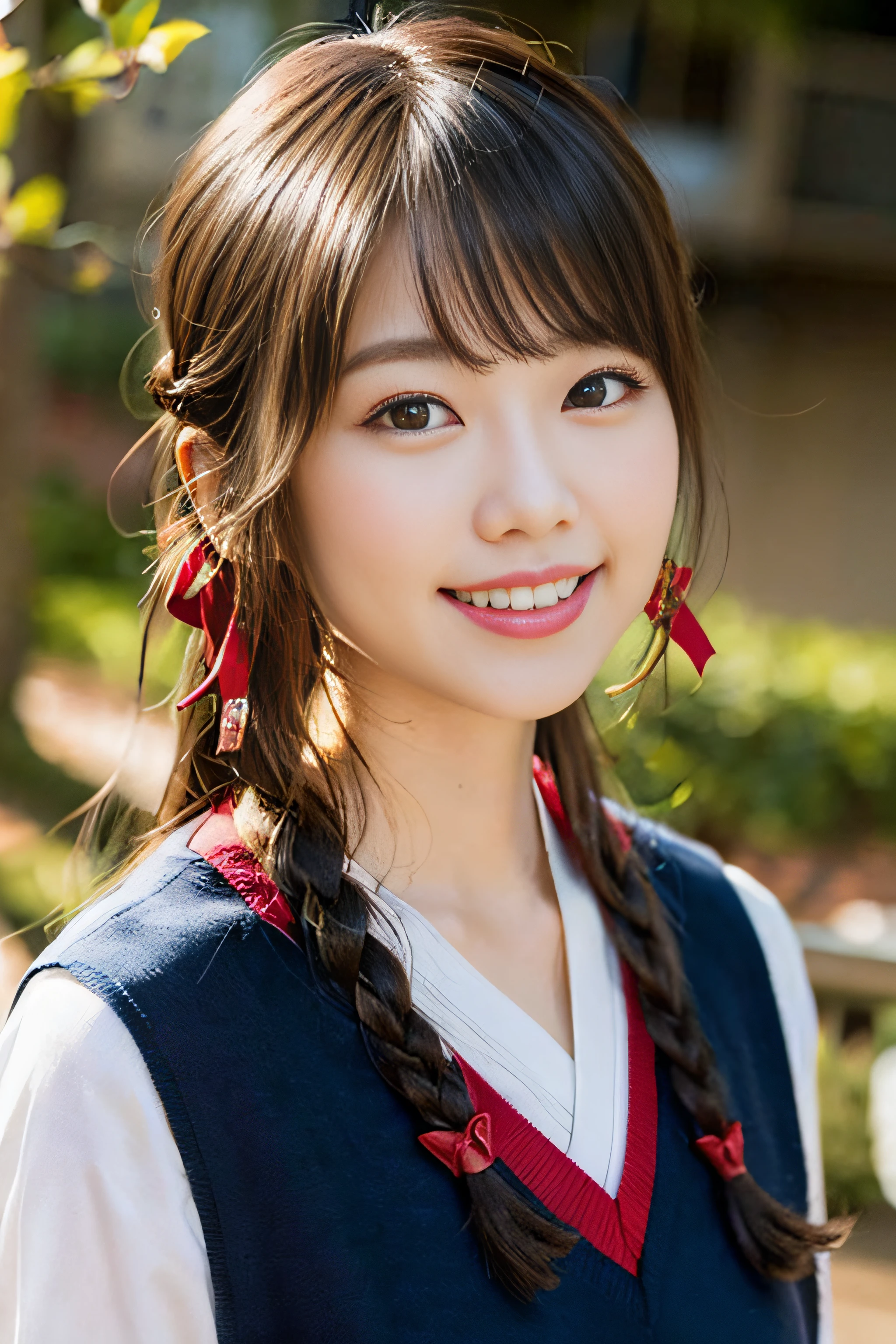 (8K、Raw photography、top-quality、masterpiece:1.2)、(realisitic、Photorealsitic:1.37)、ultra-detailliert、超A high resolution、女の子1人、see the beholder、beautifull detailed face、A smile、Constriction、(Slim waist) :1.3)、Beautiful detailed skin、Skin Texture、Floating hair、Professional Lighting、Whole human body、Longhaire、Braided hairstyle、japanese hight school uniform、hi-school girl、School route、autumnal、Colored leaves、Red ribbons、Bob Hair、Happy smile、Childish smile、Suppin