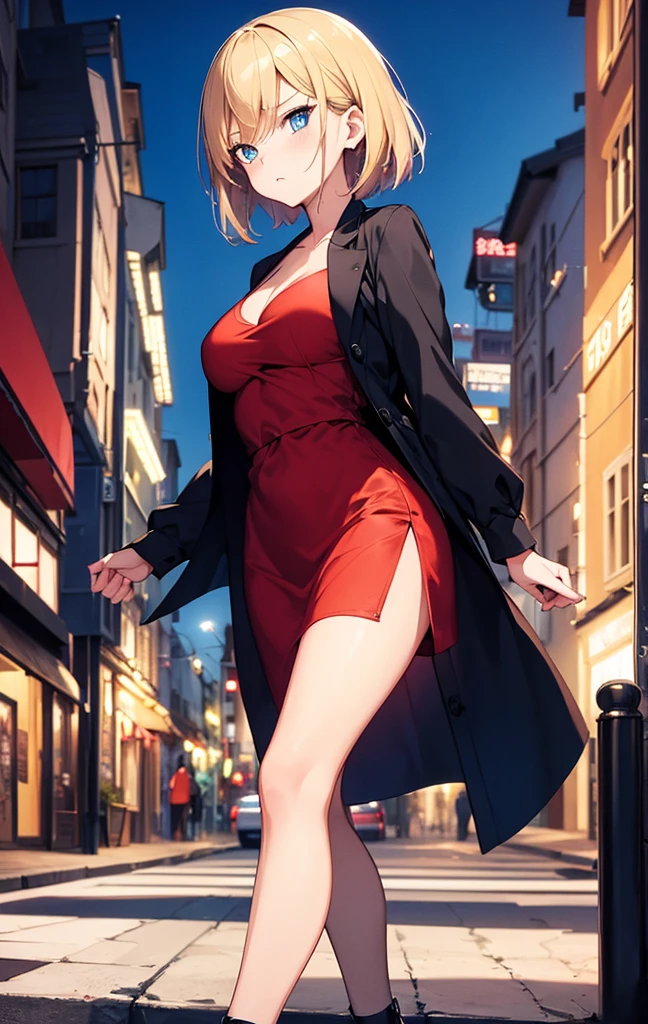 2D Anime Style、Beautiful blue eyes,(Talented lo-fi:1.3),breasts are slightly larger、short blond hair,Cool adult woman with an angry expression,RED dress,Wear a long black coat,walking in city,European-style cityscape,