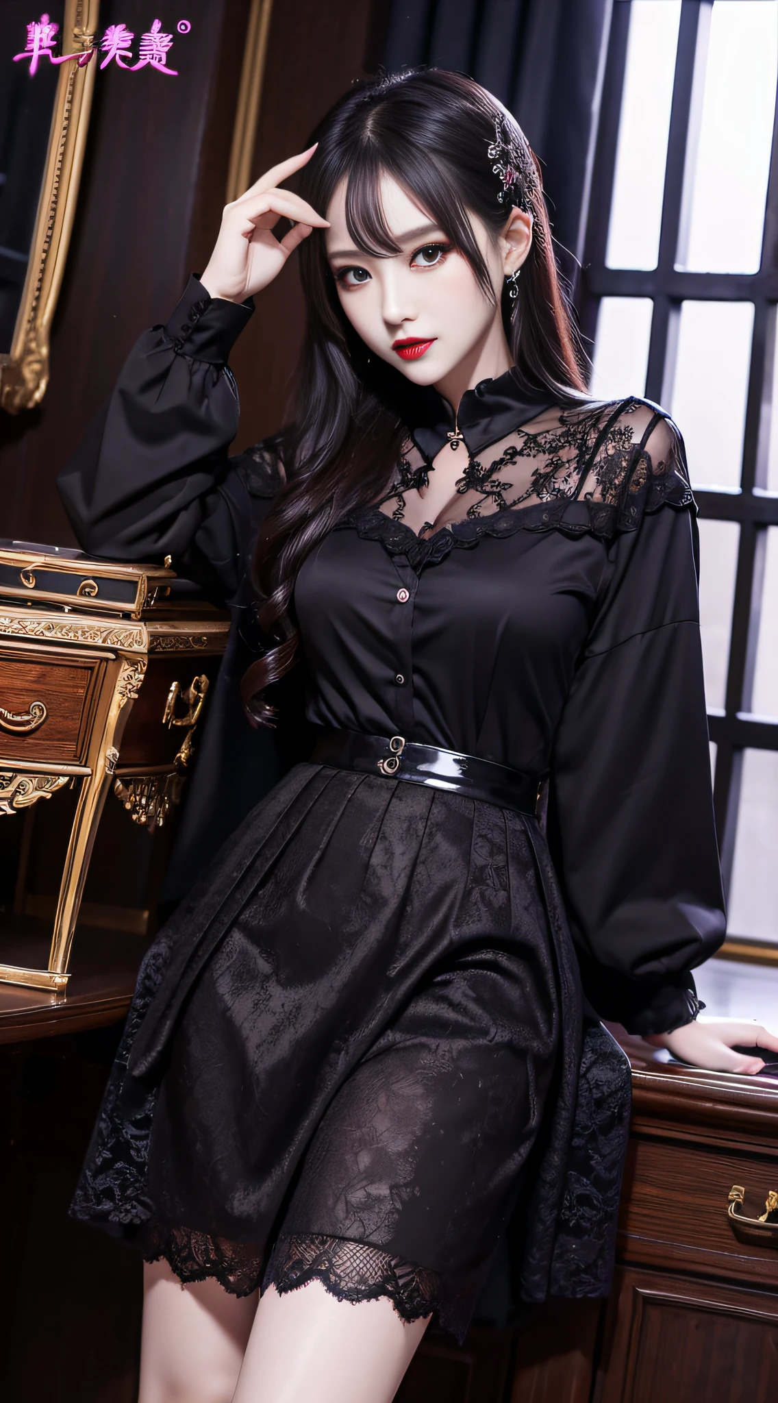 LTRA Details、Fascinating beauty、Dainty woman、Cool Girl、Wavy Hair、Black chiffon dress、Wide sleeves、flered skirt、Black pantyhose、Evil Female Executive、Evil Fall、brainwash、lacy fabric、Glossy legs、black lipstick、Evil look、Suspicious look、Hollow eyes、wicked、Reaching out、Arms up、In the Church、Palm forward、Purple Lipstick