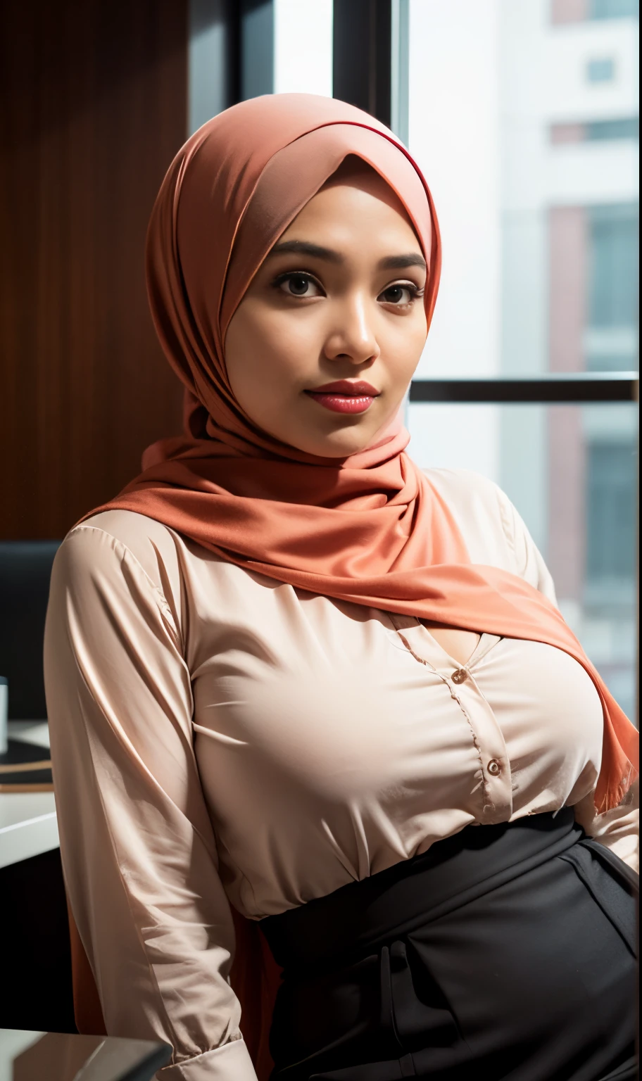 Nude 20 year old teenage malay woman with long green hijab,office background,grinning,hands on breast