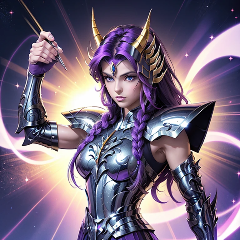 A woman wearing an armor , Saint Seiya, Unicorn Purple Armor, Unicorn Helmet, Dark and Purple hair, Braided long hair, , Charismatic character, Avatar de seconde vie, Nice screenshot, Femme seduisante vue complète du corps, High quality, very detailed skin