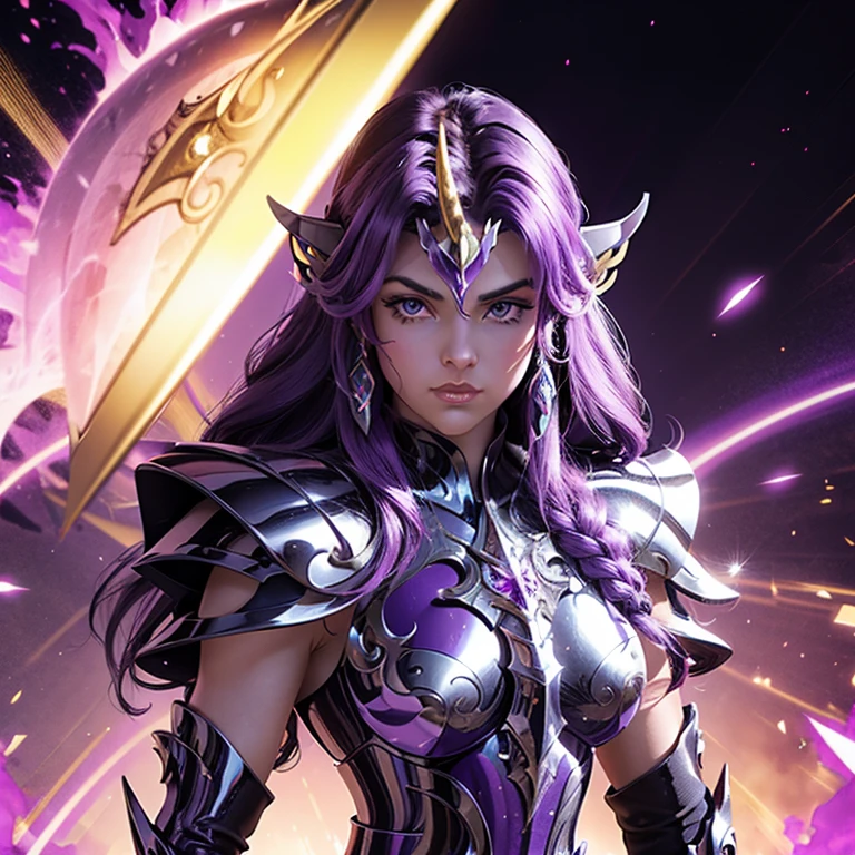 A woman wearing an armor , Saint Seiya, Unicorn Purple Armor, Unicorn Helmet, Dark and Purple hair, Braided long hair, , Charismatic character, Avatar de seconde vie, Nice screenshot, Femme seduisante vue complète du corps, High quality, very detailed skin