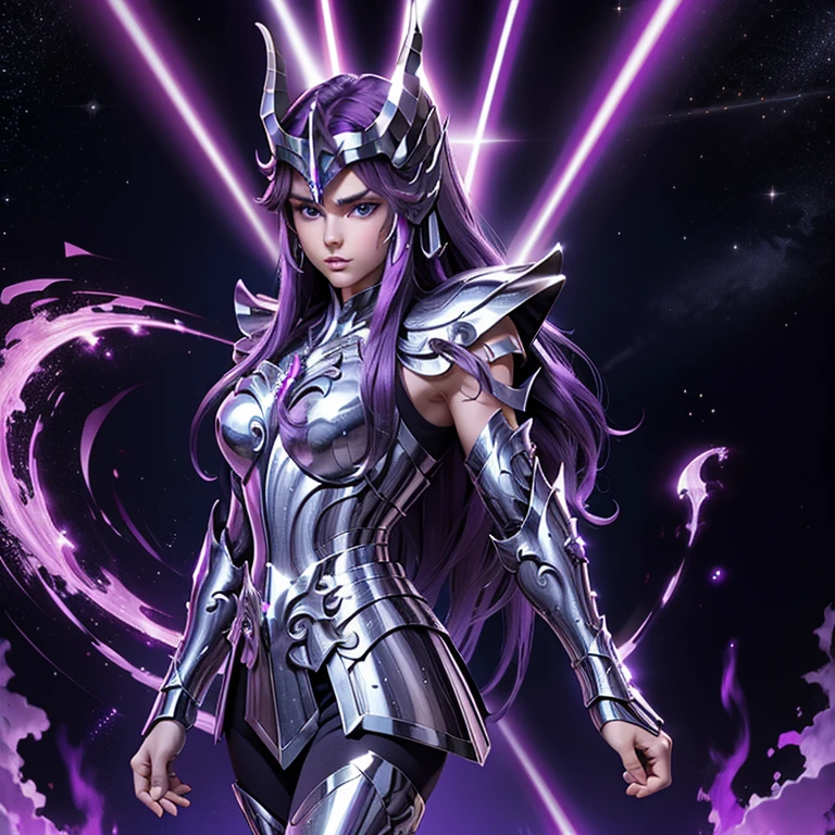 A woman wearing an armor , Saint Seiya, Unicorn Purple Armor, Unicorn Helmet, Dark and Purple hair, Braided long hair, , Charismatic character, Avatar de seconde vie, Nice screenshot, Femme seduisante vue complète du corps, High quality, very detailed skin