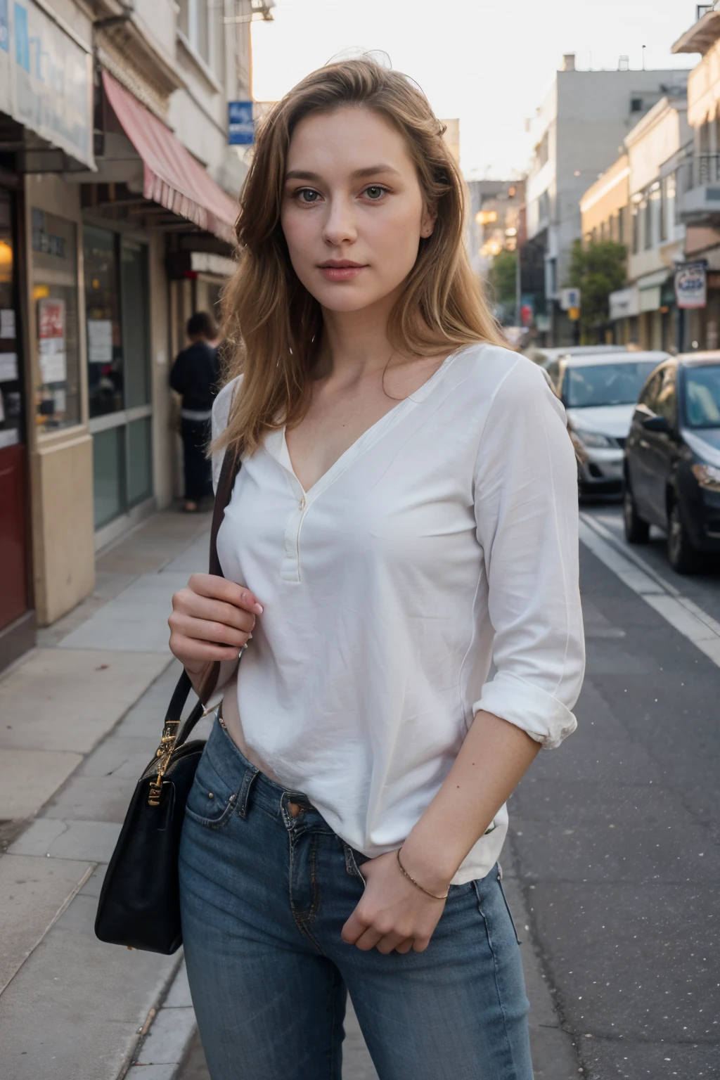 ((best quality)), ((masterpiece)), (detailed), perfect face, a 210year women standing in a street of los angels , wearing good cloths , blonde hair , detailed skin , detailed eyes, detailed face, front view towards camera , normal casual pose , with a bag , detailed fingers , detailed bag Streep