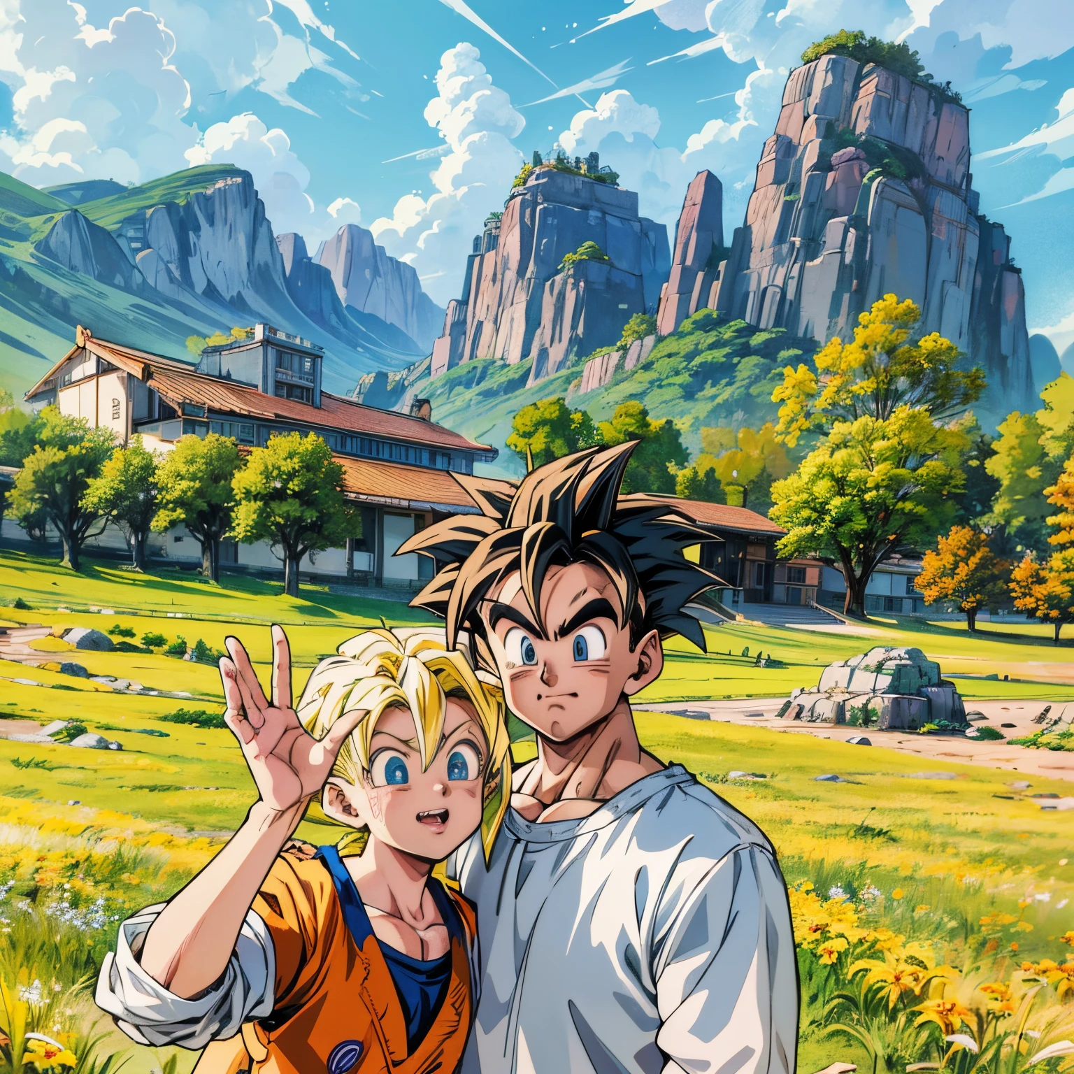 there are two people standing in a field with mountains in the background, yellow hair,super saiyan goku, super sayan, super sayian goku, super saiyan 3, going super saiyan, dragon ball concept art, dragon ball artstyle, 4 k manga wallpaper, goku from dragon ball, an epic anime of a energy man, 4k anime wallpaper,((close mouth:1.3)),