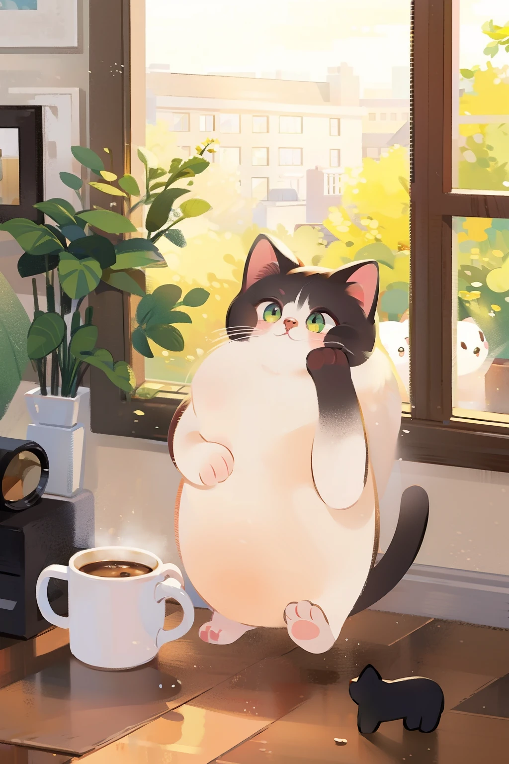 Cute cat, In the coffee house , sun light from window.