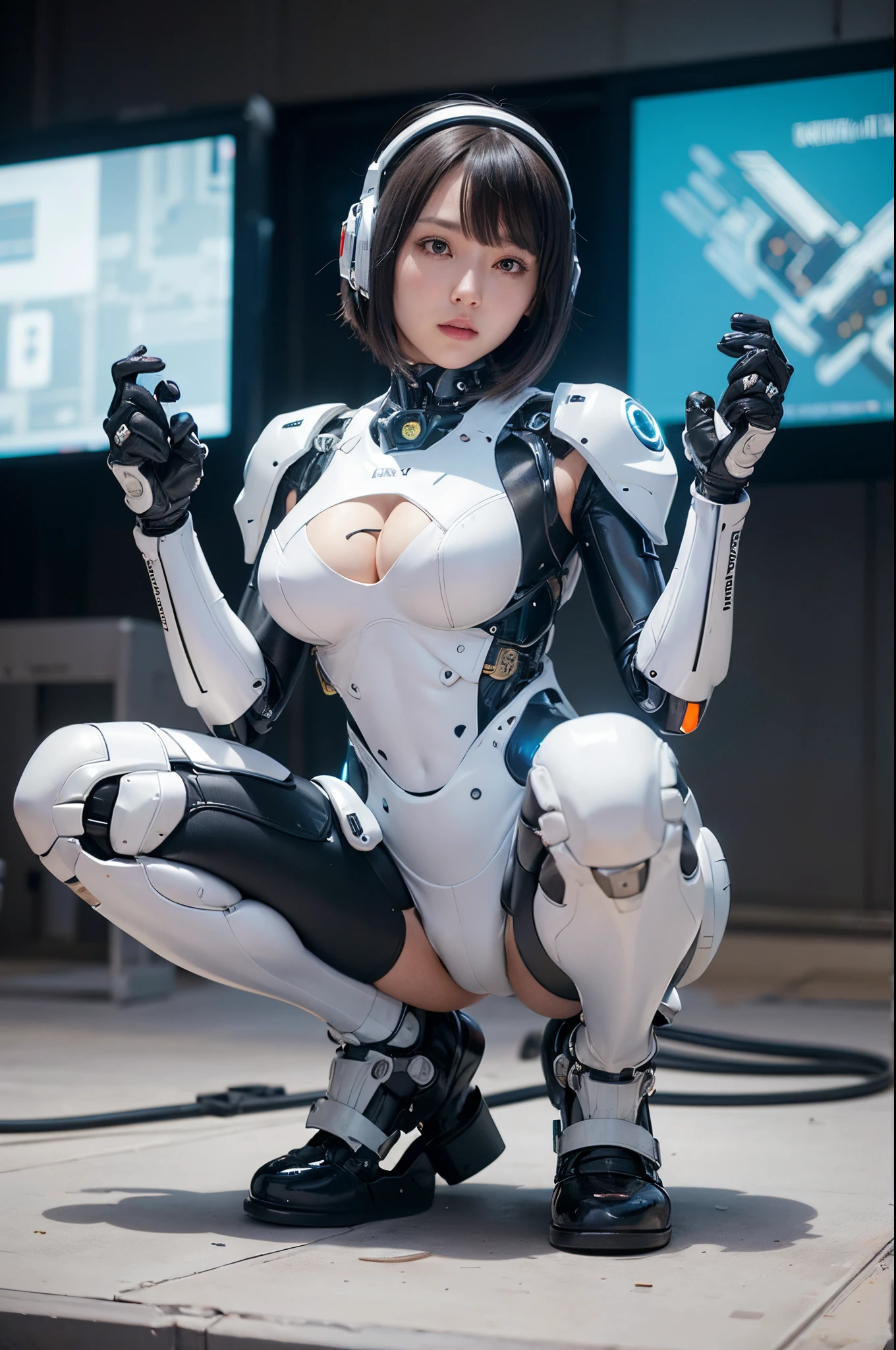araffe woman in a white and black suit kneeling on a table, cybersuits, perfect android girl, cute cyborg girl, cyber suit, gynoid cyborg body, cybersuit, oppai cyberpunk, beutiful girl cyborg, beutiful white girl cyborg, perfect anime cyborg woman, diverse cybersuits, girl in mecha cyber armor, porcelain cyborg