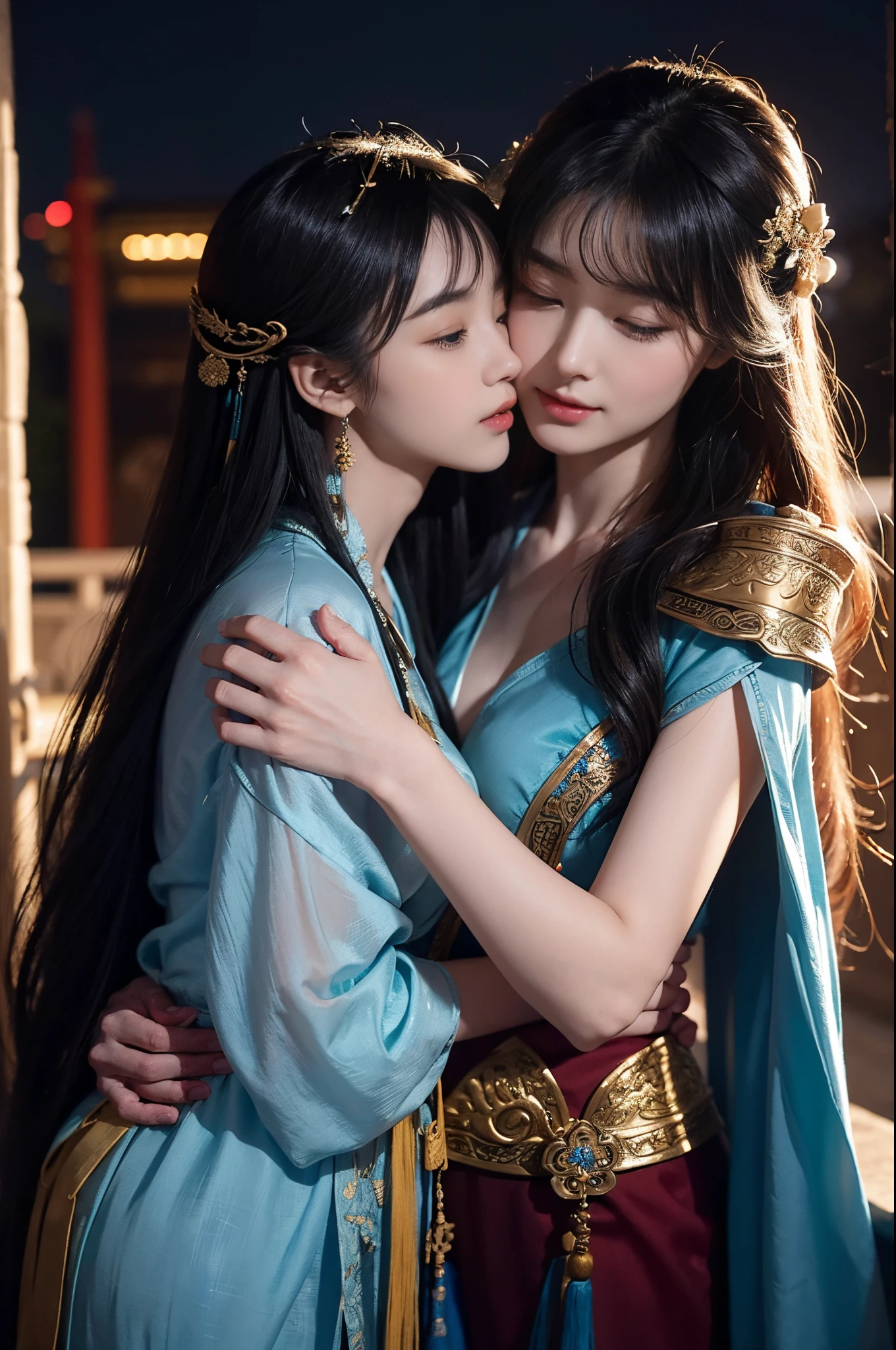 Two ancient Chinese girls kissing face to face,A plump chest,Red silk garment,Gold pattern,luxury accessories,Night view background
