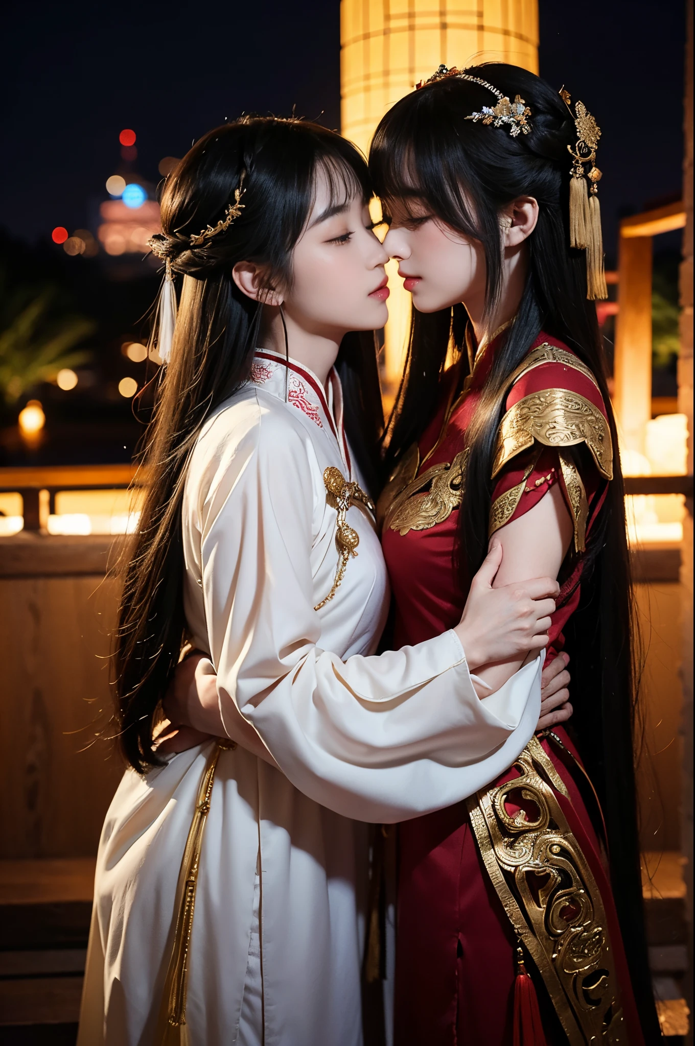 Two 18-year-old ancient Chinese girls、Hug each other、Kiss each other、face to face、Ancient Chinese female generals and ancient Chinese female assassins、Black period costume、exquisite clothing patterns、long whitr hair、Amazing amount of hair、through bangs、Long, flowing hair、Night view of the old city、ancient fantasy、nigh sky、Detailed hands、Delicatemakeup、8K、fine texture