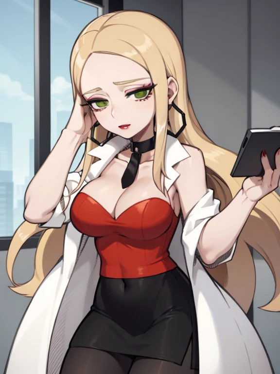 "Oleana from Pokemon, wearing a red shirt, with a hint of cleavage, in a black skirt and pantyhose. She has a white coat, well-done makeup, lipstick, and is styled in a pencil skirt. Completing her look is a choker and hoop earrings. She is depicted solo and the setting is in a corporate office."