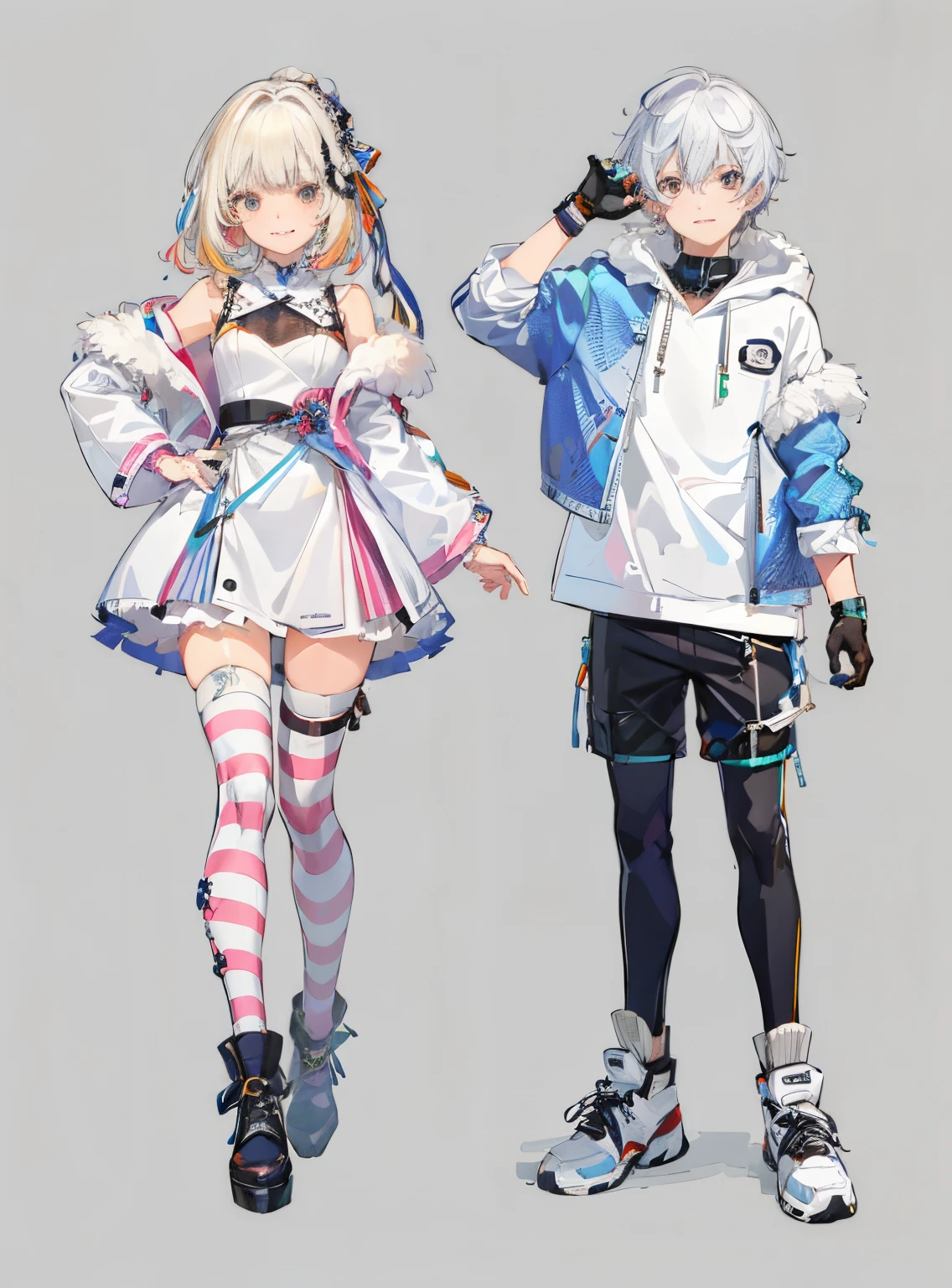 (((Best quality at best))),tmasterpiece, A boy and a girl, Character setting, clothing design, Colorful, amazing body,Colorful,White colorful fur-trimmed coat,Iridescent reflections,16k,k hd