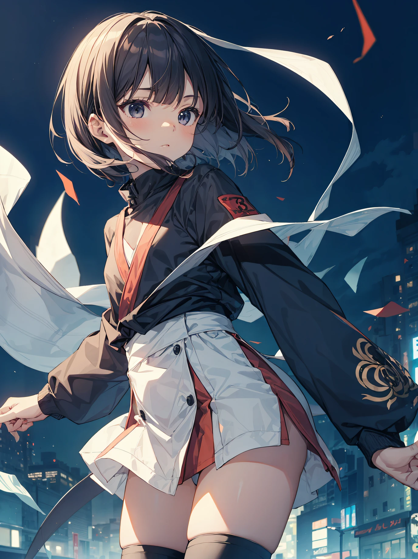 Ninjas are... cool and... fast.!the Edo period,God quality, anime moe artstyle,best anime 8k konachan wallpaper,badass anime 8k,perfect anatomy, (Please draw a picture of a ninja girl looking down on the Edo city from the roof.)from diagonally above,dutch angle,break, 1girl is ninja, (Solo,,child,13-year-old:1.3), androgynous charm, (Very Short hair, blunt bangs), Full limbs, complete fingers,flat chest, Small butt, groin, finely 8k detailed beautiful black eyes,
ninja costume, shorts, ninja scarf waving in the wind, stand on the rooft. break, I on a mission.。Sasasasa...。ultra-detailed,high resolution,super detailed skin, professional lighting, (cool illustration:1.2),