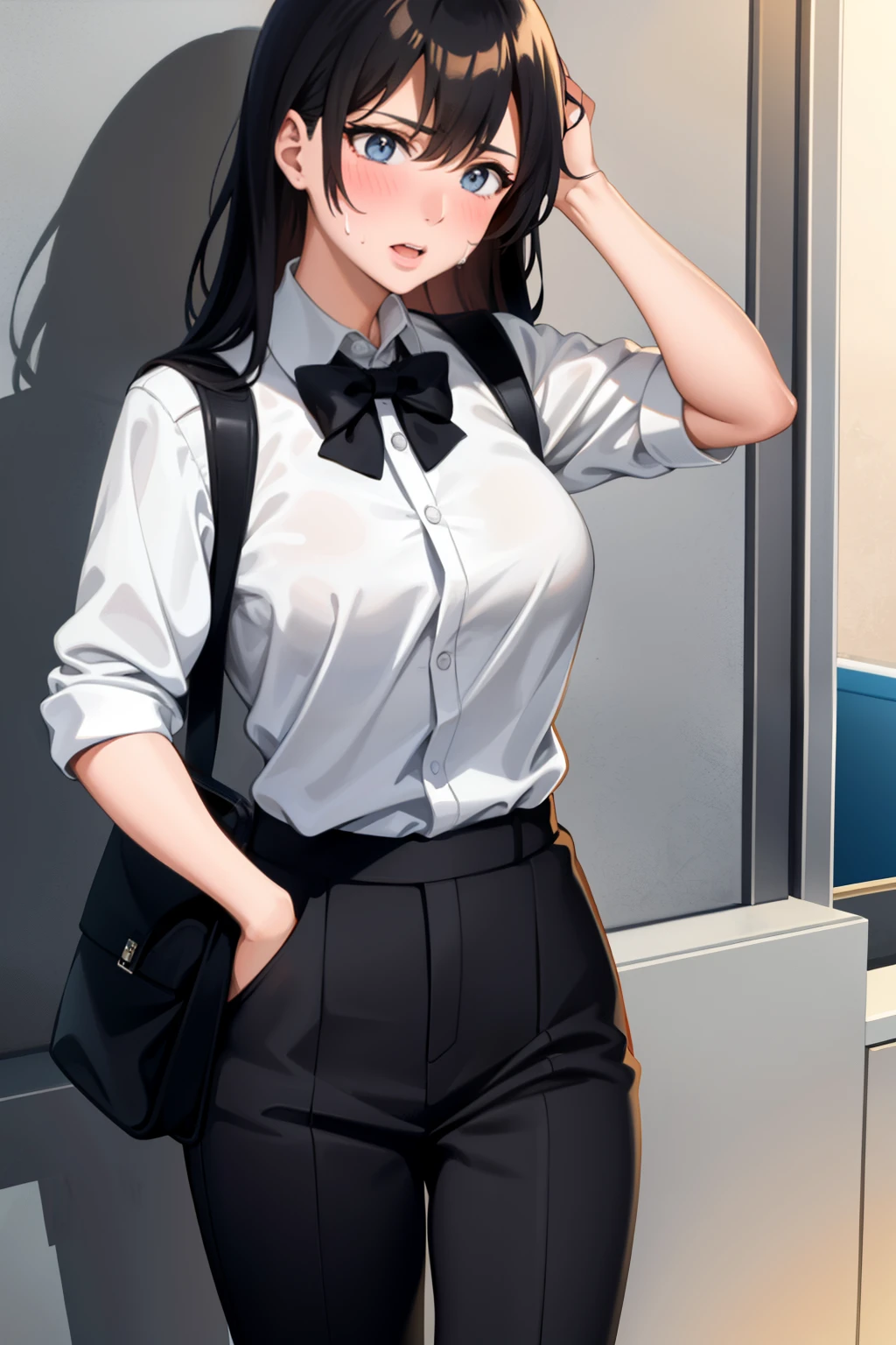 Cute girl , school student, She wears a white shirt and wide black pants, She holds books in her hands, and is sweating