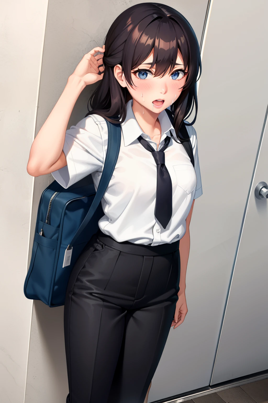 Cute girl , , She wears a white shirt and wide black pants, She holds books in her hands, and is sweating, full body