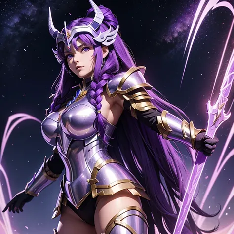 a woman wearing an armor , saint seiya, unicorn purple armor, unicorm helmet, dark and purple hair, braided long hair, , charism...