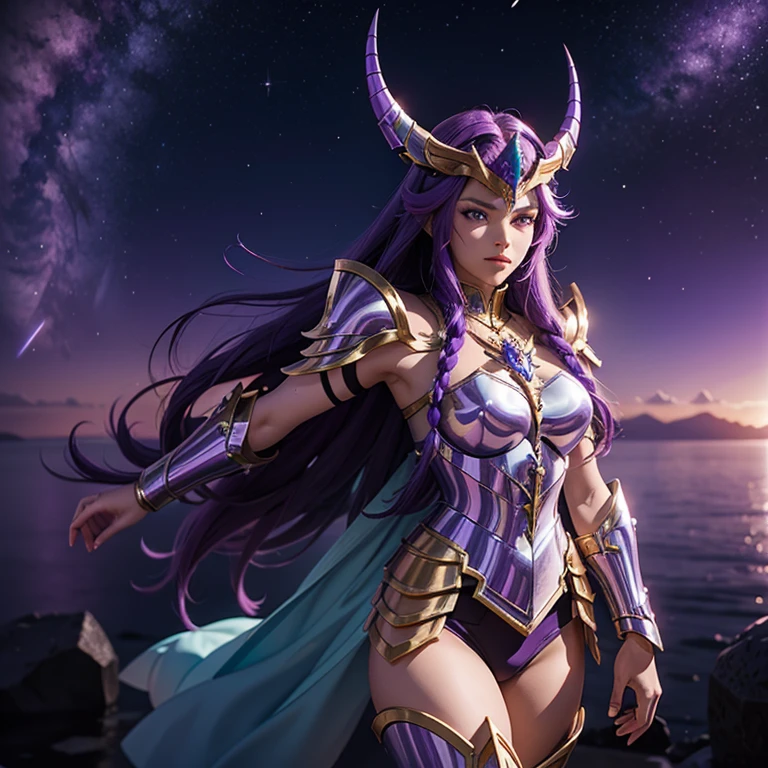 A woman wearing an armor , Saint Seiya, Unicorn Purple Armor, unicorm helmet, Dark and Purple hair, Braided long hair, , Charismatic character, Avatar de seconde vie, Nice screenshot, Femme seduisante vue complète du corps, High quality, very detailed skin