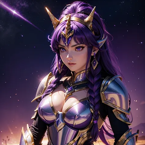 a woman wearing an armor , saint seiya, unicorn purple armor, unicorm helmet, dark and purple hair, braided long hair, , charism...