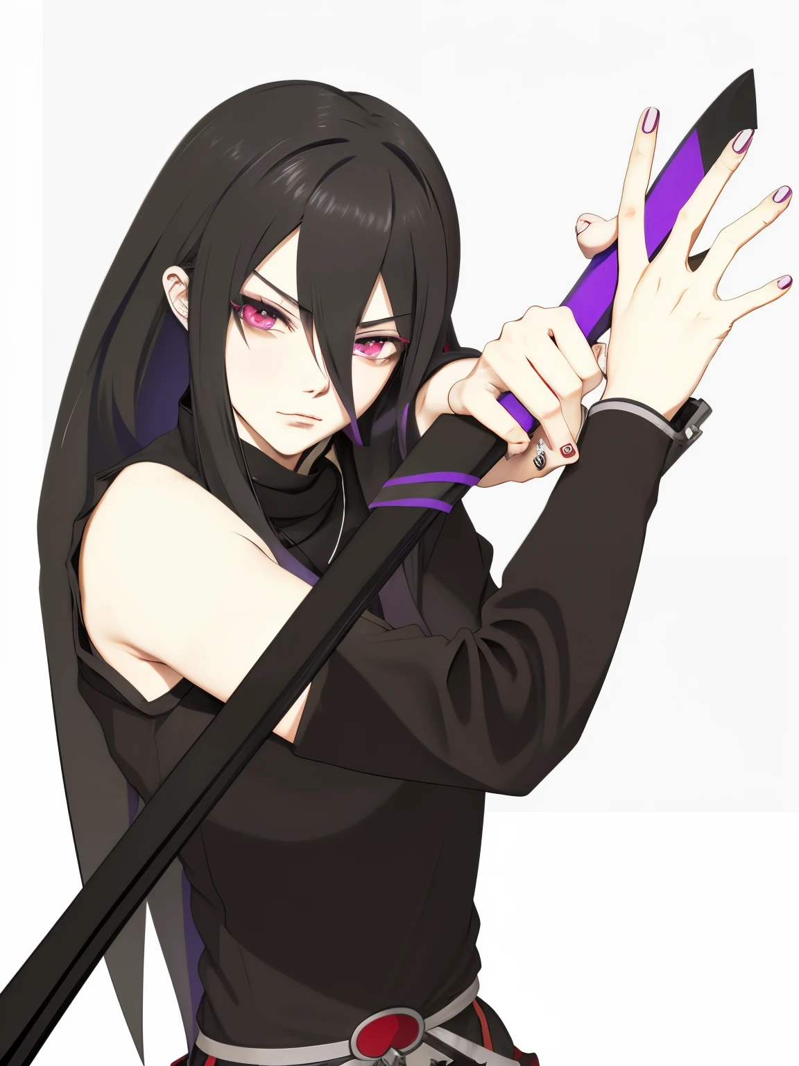 anime sharp ear and red eye girl with long black hair holding a purple black sword, shalltear from overlord, with index finger, wielding kunai, 1 7 - year - old anime goth girl, gapmoe yandere, sui ishida with black hair, gapmoe yandere grimdark, an edgy teen assassin, trigger anime artstyle, by Jin Homura