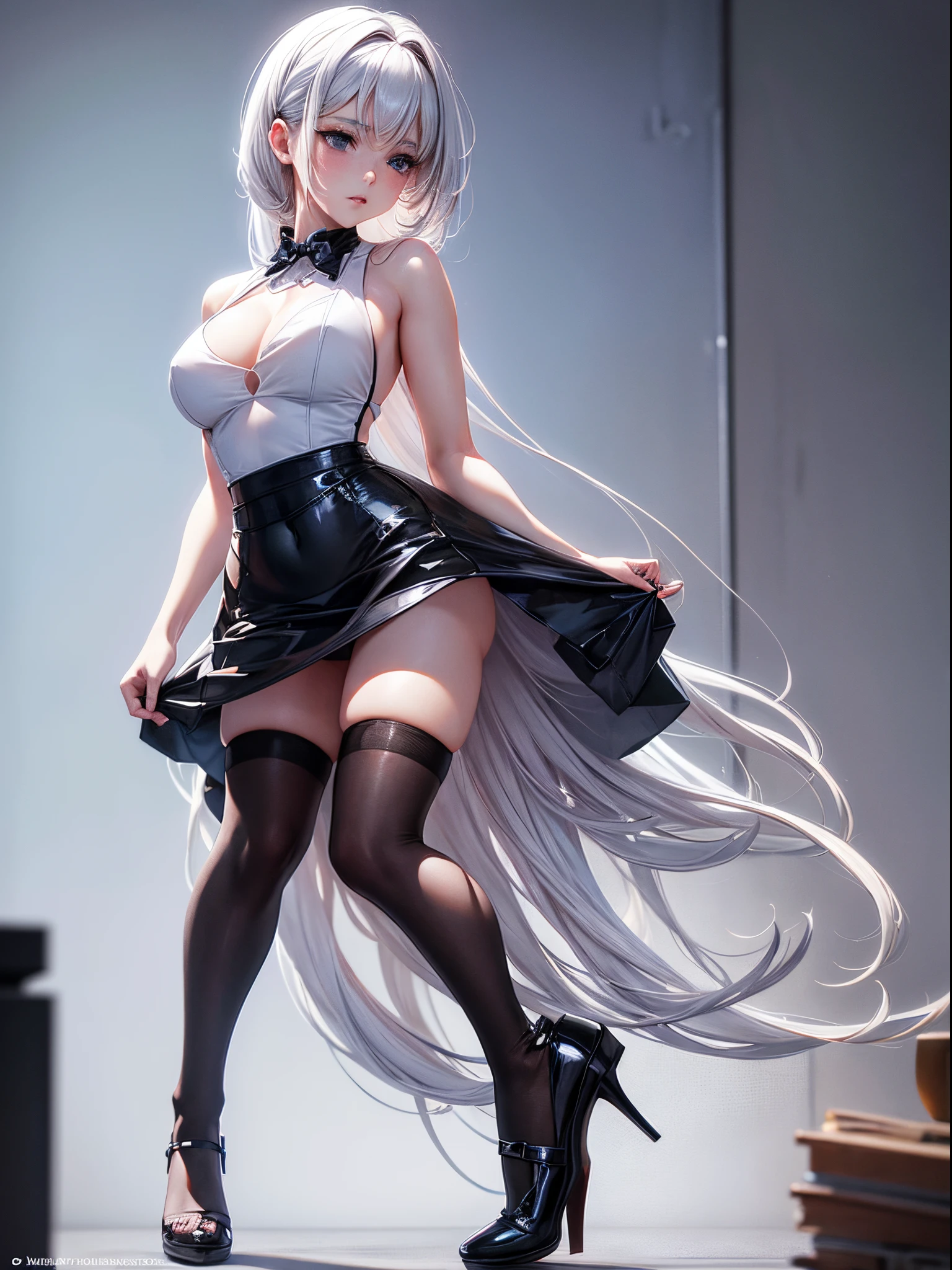 A woman wearing a white backless dress，He wears black stockings on his legs，Exposing the abdomen，The figure is good，The is very detailed，[ 4K realism ]!!, [ 4K realism ]!!!, [ 4K digital art ]!!, Realistic shadow perfect body, realisticlying!!!!!!! art-style, photorealistic anime, by Shitao, Popular topics on cgstation, Casual pose, realistic anime 3D style