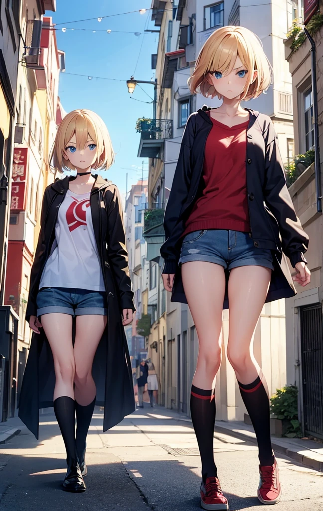 2D Anime Style、Beautiful blue eyes,(Talented lo-fi:1.3),breasts are slightly larger、short blond hair,Cool adult woman with an angry expression,Red tops,shortpants,Wear a long black coat,walking in city,European-style cityscape,