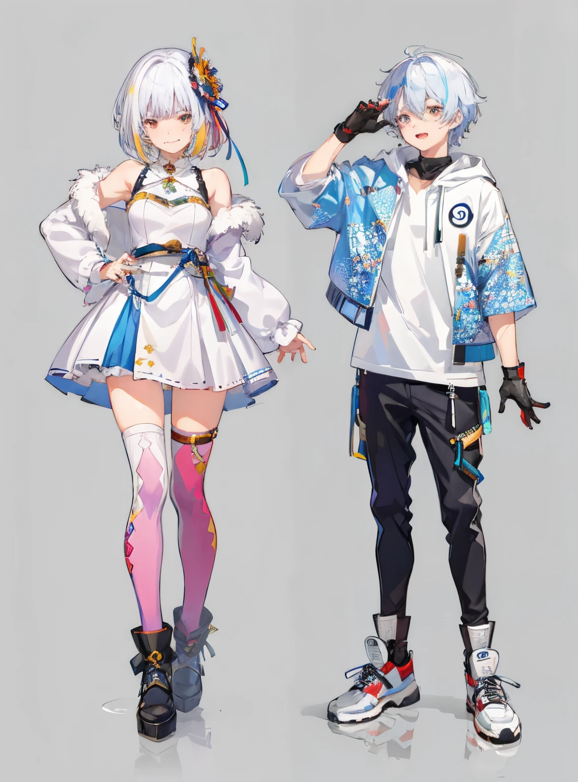 (((Best quality))),tmasterpiece, A boy and a girl, Character setting, clothing design, Colorful, amazing body,Colorful,White colorful fur coat,Iridescent reflections,16k,k hd