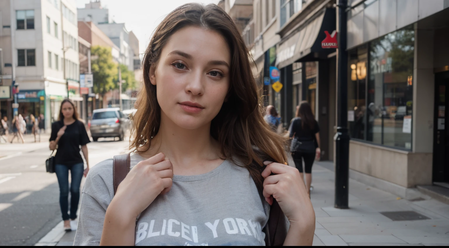((best quality)), ((masterpiece)), (detailed), perfect face, a 210year women standing in a street of los angels , wearing good cloths , blonde hair , detailed skin , detailed eyes, detailed face, front view towards camera , normal casual pose , with a bag , detailed fingers , detailed bag Streep , black t shirt, detailed eyes