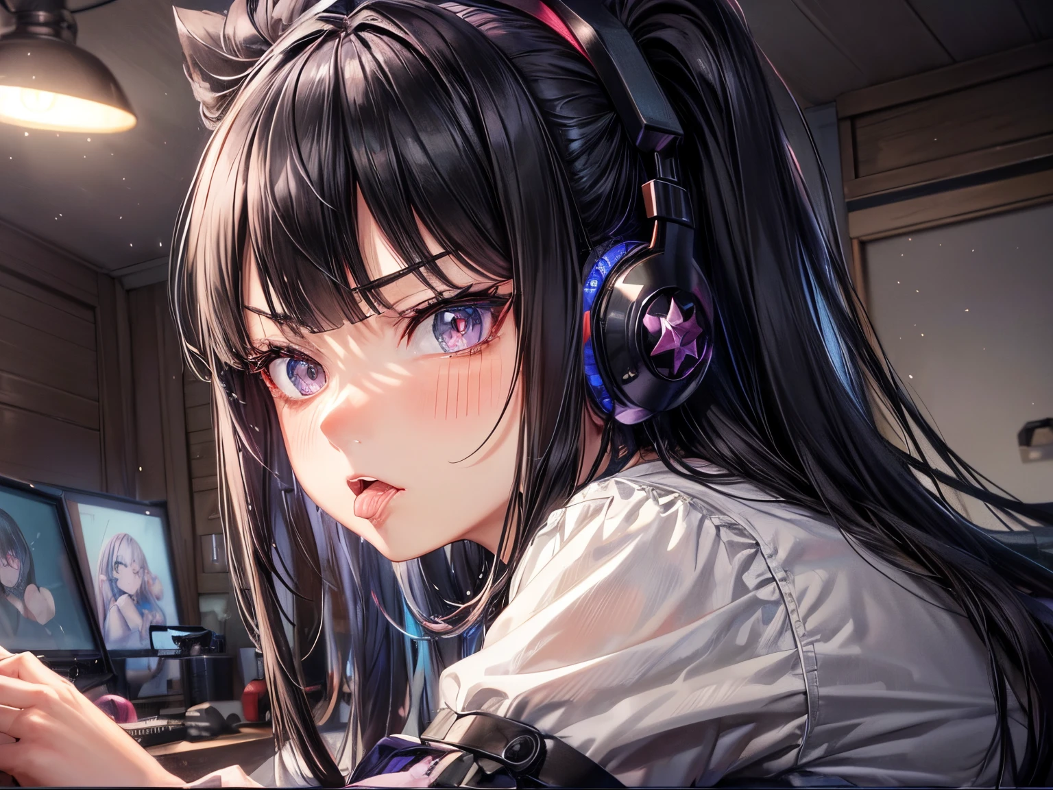 (8K, Best Quality, masutepiece:1.2)、超A high resolution、1 17-year-old female、(((long tongue)))、((Underwear)),Bra and panties、detailed face、deep detailed eyes、 Black hair、Long,blunt bangs、Gaming Keyboard, (gaming headphone),strong facial expression,(sharp eye:1.2),(scowl:1.1),(stare at viewer with stern eyes:1.5),(bitting own lip:1.1),(angry:0.9),nose blush,(shamefull:1.2), surprised、独奏,messy room