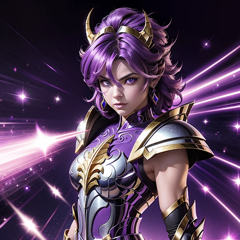 A woman wearing an armor , Saint Seiya, Unicorn Purple Armor, Dark and Purple hair, short hair, , Charismatic character, Avatar de seconde vie, Nice screenshot, Femme seduisante vue complète du corps, High quality, very detailed skin