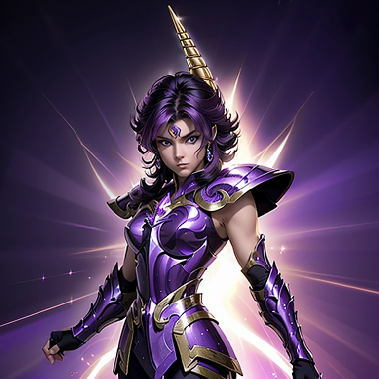 A woman wearing an armor , Saint Seiya, Unicorn Purple Armor, Dark and Purple hair, short hair, , Charismatic character, Avatar de seconde vie, Nice screenshot, Femme seduisante vue complète du corps, High quality, very detailed skin