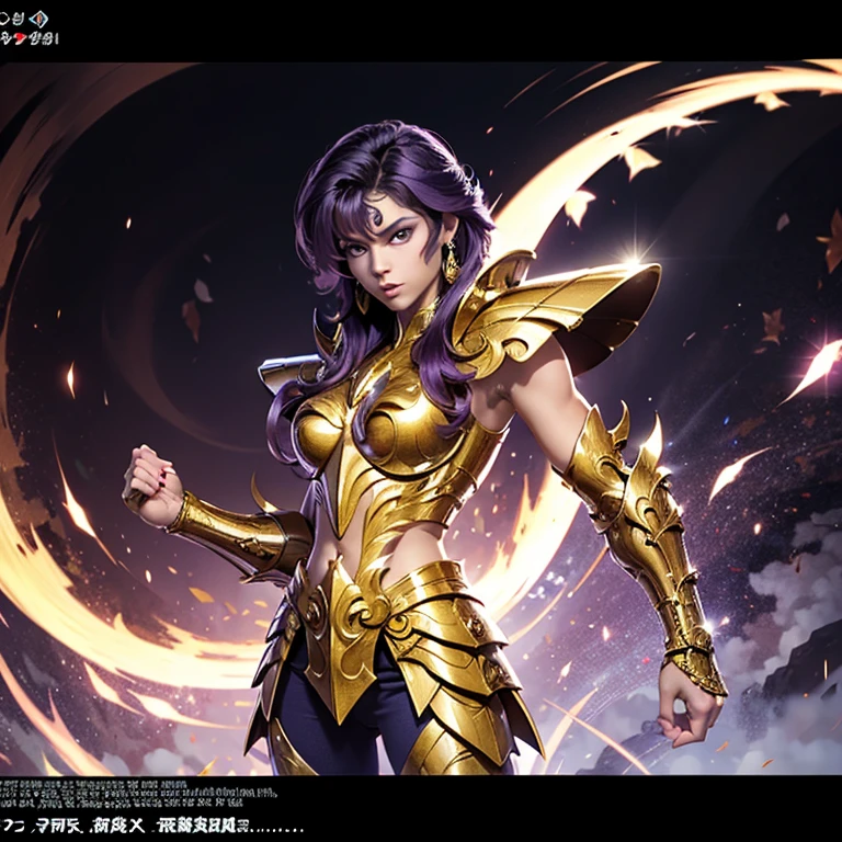 A woman wearing an armor , Saint Seiya, Unicorn Purple Armor, Dark and Purple hair, short hair, , Charismatic character, Avatar de seconde vie, Nice screenshot, Femme seduisante vue complète du corps, High quality, very detailed skin