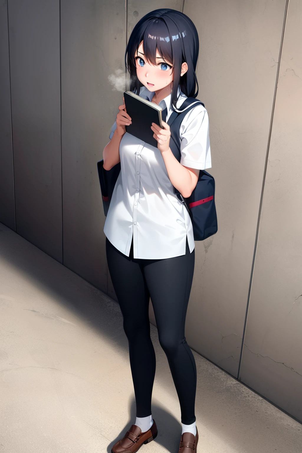 Cute girl , , She wears a white shirt and wide black pants, She holds books in her hands, and is sweating, full body