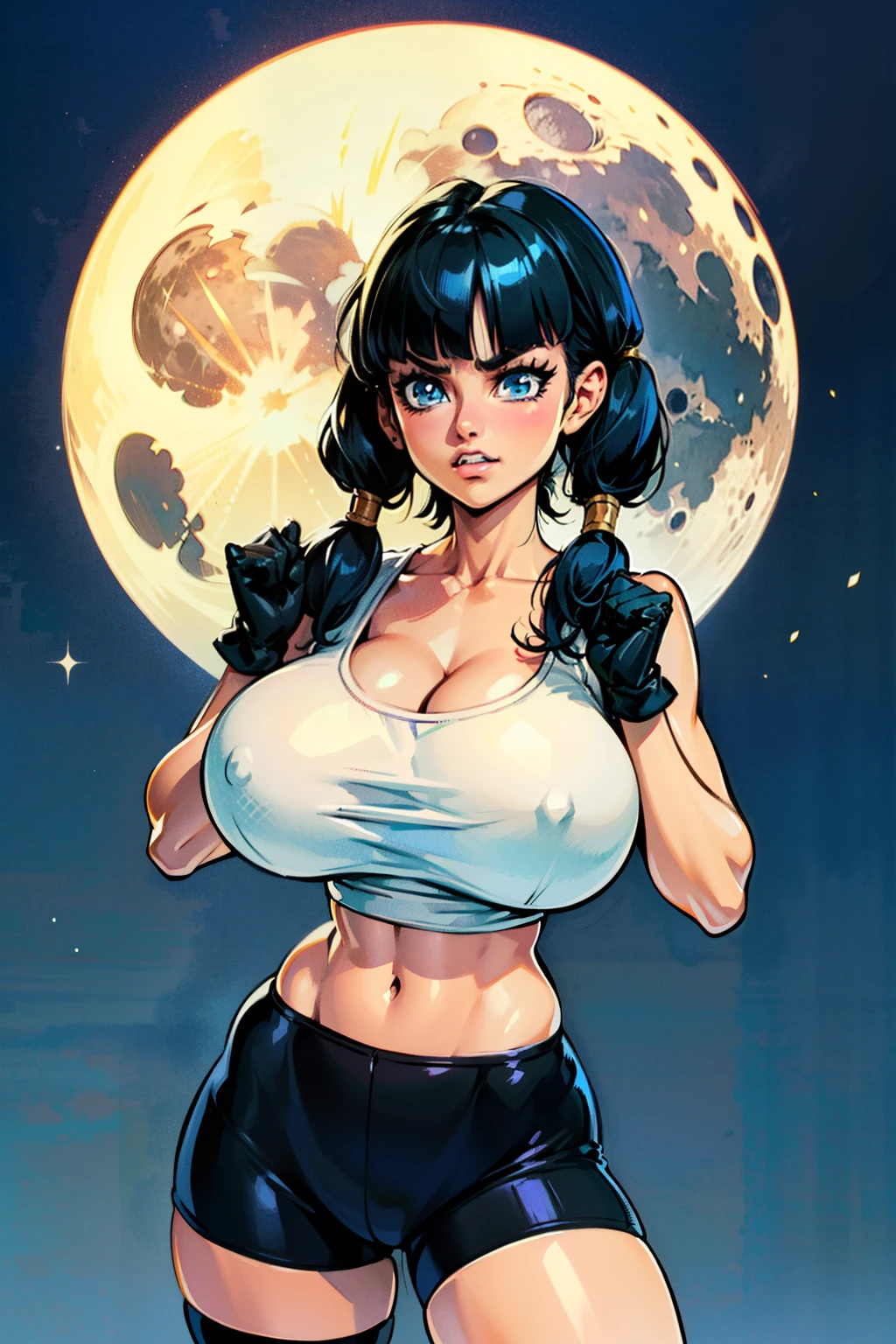 Waifu, masterpiece, curvy, breasts, moon, full moon, gloves, 1girl, clenched teeth, videl, cleavage, large breasts, teeth, ((straight black hair)), ((white top:1.3)), blue eyes, rating:explicit,rule34, hardcore, tits,clenched hands, night, sky, ((side bangs:1.4)), (white skin:1.5), bare shoulders, blue hair, clenched hand, rating:questionable, ((low twintails:1.5)), ((black tight shorts)), solo, angry, lip biting(gigantic and massive tits:1.1), breasts, official illustration, illustration, detailed face, beautiful intricate eyes,1:2), titsnipples