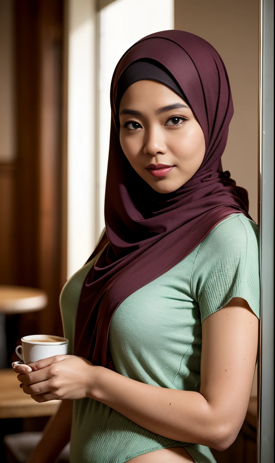 Half body portrait of a 33 years old malay woman sit in front of giant mirror, wearing hijab, wearing peach blouse with satin green slack, narrow waist, indoor shot, looking up at coffee shop sign, soft lighting, smirk face, circle bokeh , big breast, catwalk, morningtime, surrounded by a comfortable, cool atmosphere, looking at the viewer. (Skin details:1.3), hairy hands, Hijab, slim, red lips, seductive with bokeh camera background