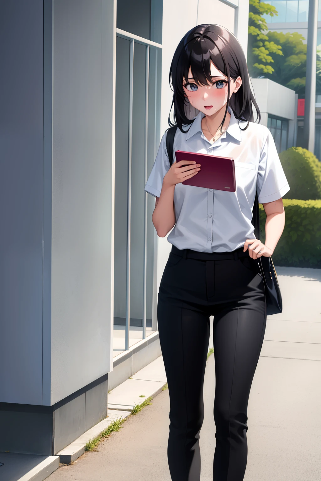 Cute girl , , She wears a white shirt and wide black pants, She holds books in her hands, and is sweating, full body