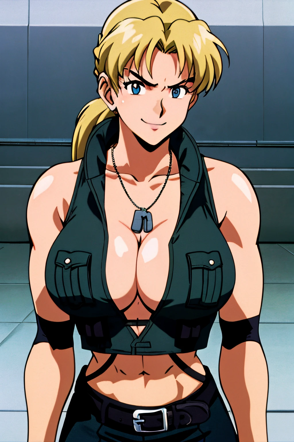 1girl, cowboy shot,  sonyablade,  cleavage, vest, abs, boots, cleavage, dog tags, fingerless gloves, midriff, navel, pants, knee pads, hand on hip, smile,  (huge breasts: 1.3),((upper body: 1.3)), crop top, ponytail,blue eyes, blonde hair, blue eyes, masterpiece, best quality, evangelion anime style, anime screencap, 1990s_\(style\),