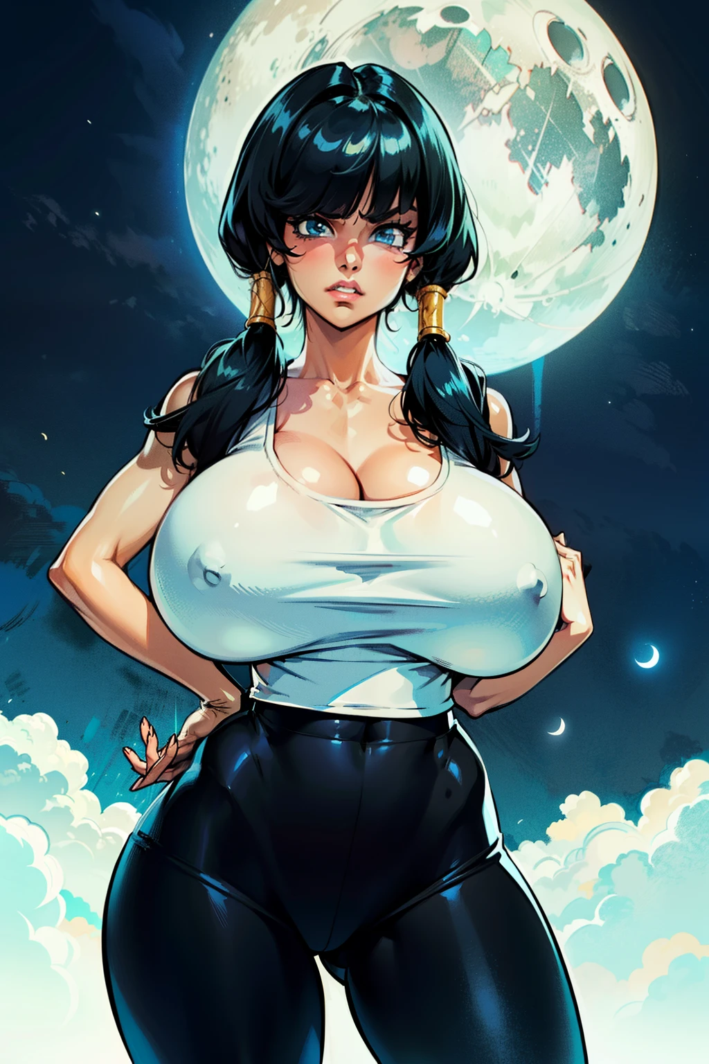 Waifu, masterpiece, curvy, breasts, moon, full moon, gloves, 1girl, clenched teeth, videl, cleavage, large breasts, teeth, ((straight black hair)), ((white top:1.3)), blue eyes, rating:explicit,rule34, hardcore, tits,clenched hands, night, sky, ((side bangs:1.4)), (white skin:1.5), bare shoulders, blue hair, clenched hand, rating:questionable, ((low twintails:1.5)), ((black tight shorts)), solo, angry, lip biting(gigantic and massive tits:1.1), breasts, official illustration, illustration, detailed face, beautiful intricate eyes,1:2), titsnipples