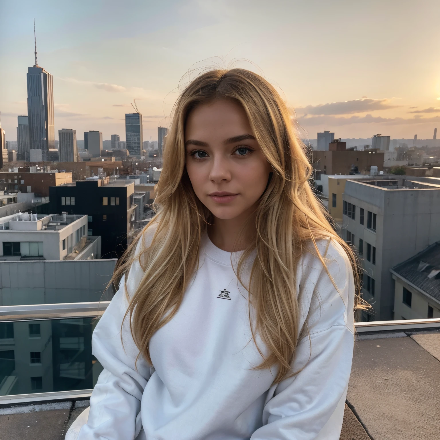 Generate a highly realistic image of the golden blonde woman on a rooftop with a city view, wearing a white sweatshirt. The scene captures the beauty of the sunset over the city, with her hair illuminated by the golden light. Her white sweatshirt should be casual yet stylish, appropriate for the urban backdrop. She looks relaxed and content, gazing at the city below. Ensure that the image is detailed and lifelike, from the texture of her sweatshirt to the intricate cityscape, creating a scene that mirrors a real-life rooftop moment.
