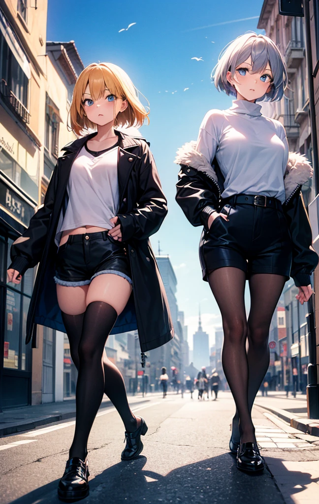 2D Anime Style、Beautiful blue eyes,(Talented lo-fi:1.3),breasts are slightly larger、short blond hair,Cool adult woman with an angry expression,Black tops,Black shorts,Wear black tights,Wear a long black coat,walking in city,European-style cityscape,