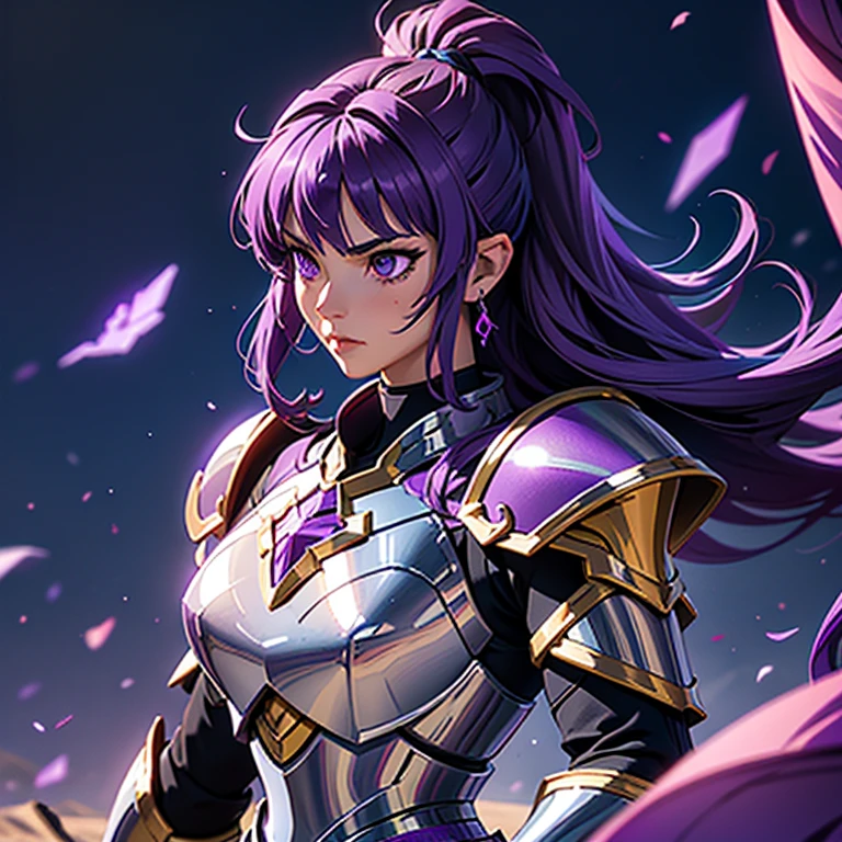 A woman wearing an armor , Saint Seiya, Unicorn Purple Armor, Dark and Purple hair, short hair, , Charismatic character, Avatar de seconde vie, Nice screenshot, Femme seduisante vue complète du corps, High quality, very detailed skin