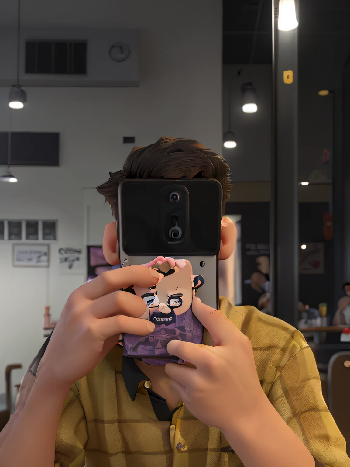 taking a picture with his boyfriend while holding a smartphone, the smartphone cover his whole face except his hair, while eating in fast food restaurant