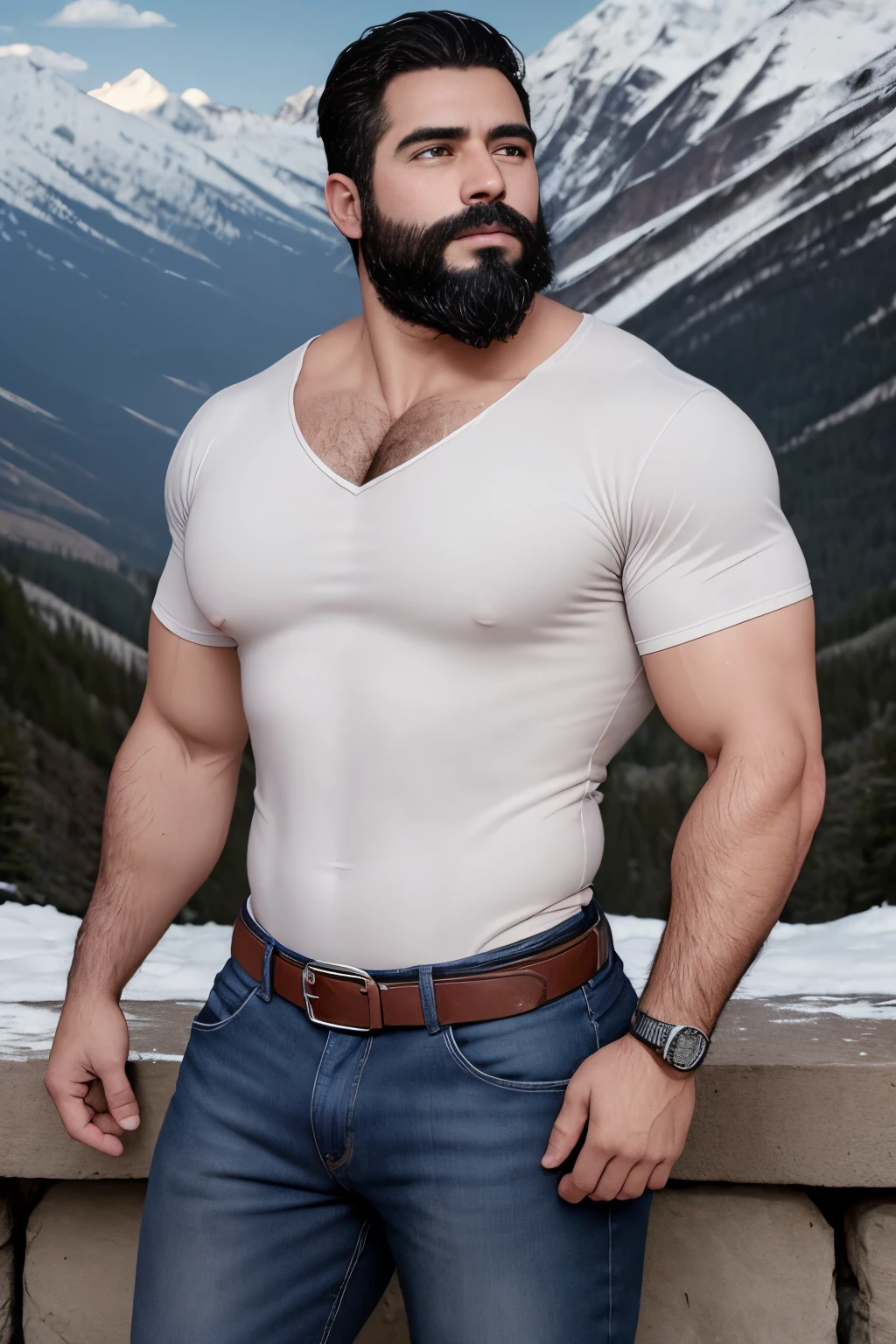 An illustration of a Greek god with a muscular build and a thick beard........................, designed in modern western attire........................ Tiene una camisa blanca y jeans........................ His expression is confident and charming........................, con un atisbo de sonrisa. The setting is a snowy mountain......................., evoking a classic cold atmosphere, sin dejar de mantener el aura poderosa y regia del dios.