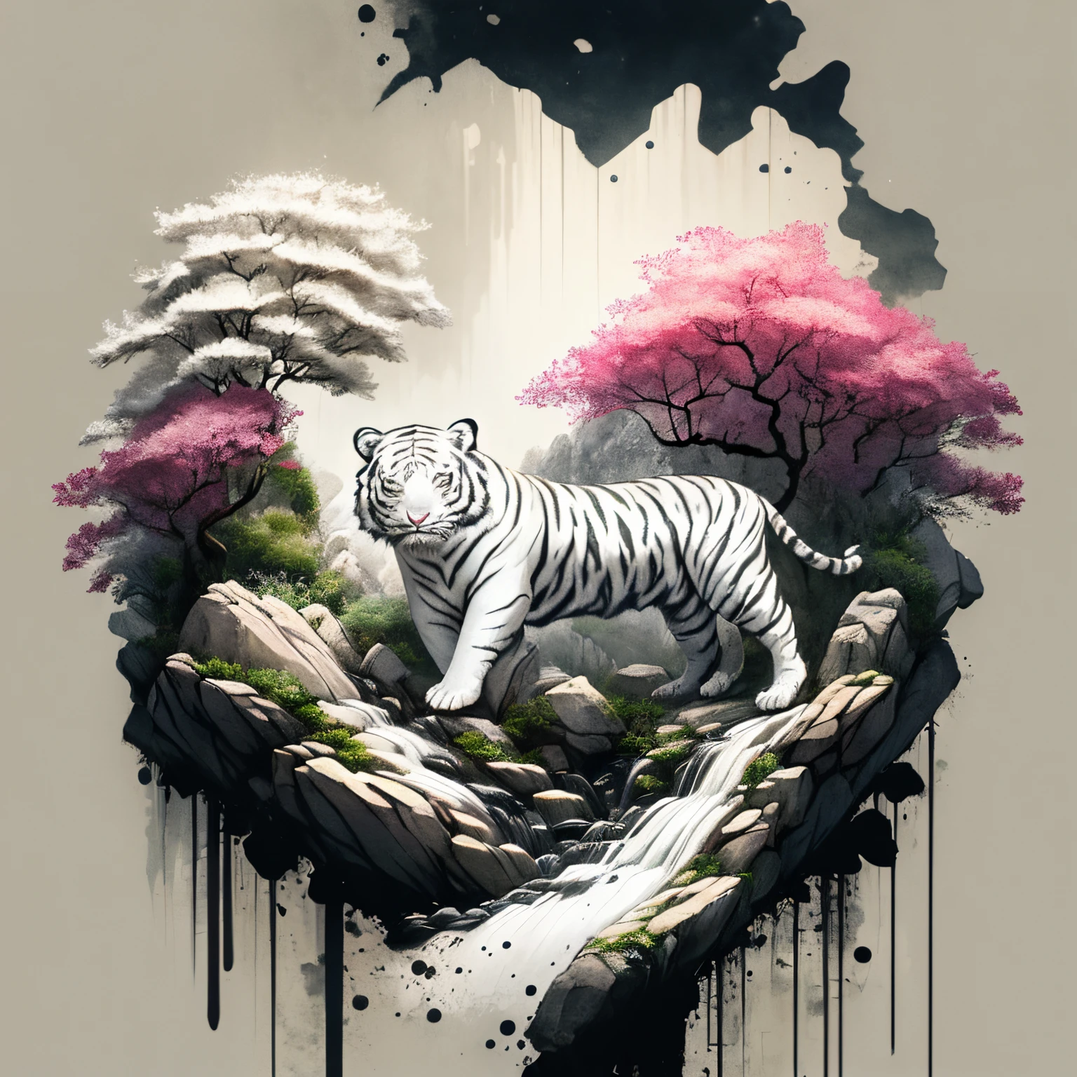 (the white tiger:1.4)，Composing a landscape， Monte， Eau， that tree，Color ink，Color dripping，