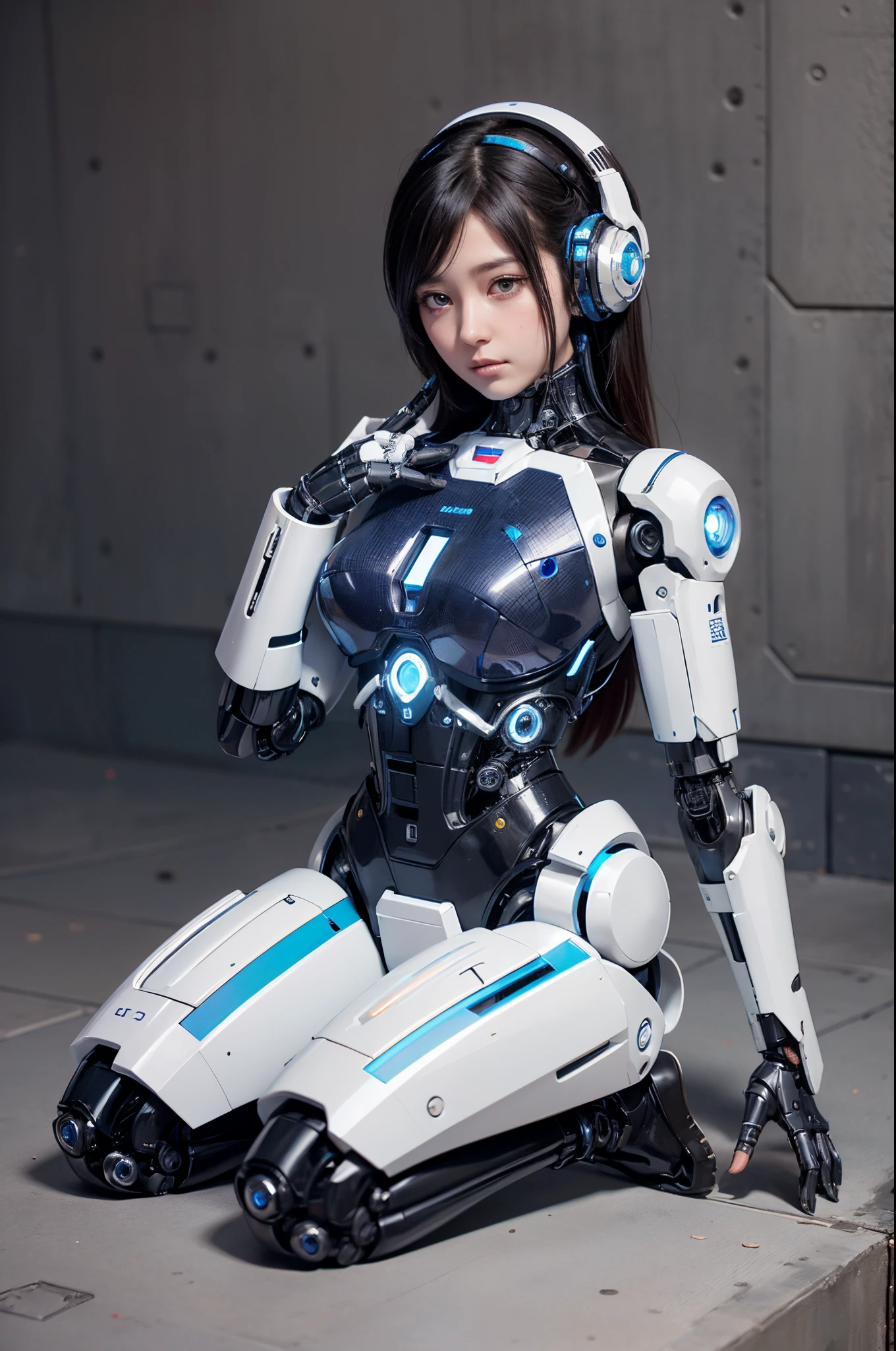 arafed woman in a white and blue suit sitting on a chair, perfect android girl, echo from overwatch, fully robotic!! girl, cute cyborg girl, beutiful girl cyborg, posing robotically, perfect anime cyborg woman, biomechanical oppai, cyborg - girl, female robot, cyborg girl, beautiful female android!, beautiful android woman, beautiful female android