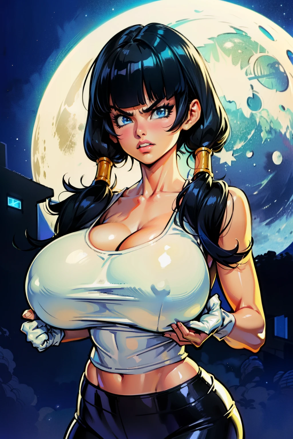 Waifu, masterpiece, curvy, breasts, moon, full moon, gloves, 1girl, clenched teeth, videl, cleavage, large breasts, teeth, ((straight black hair)), ((white top:1.3)), blue eyes, rating:explicit,rule34, hardcore, tits,clenched hands, night, sky, ((side bangs:1.4)), (white skin:1.5), bare shoulders, blue hair, clenched hand, rating:questionable, ((low twintails:1.5)), ((black tight shorts)), solo, angry, lip biting(gigantic and massive tits:1.1), breasts, official illustration, illustration, detailed face, beautiful intricate eyes,1:2), titsnipples