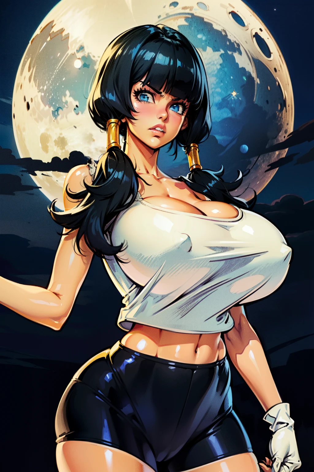Waifu, masterpiece, curvy, breasts, moon, full moon, gloves, 1girl, clenched teeth, videl, cleavage, large breasts, teeth, ((straight black hair)), ((white top:1.3)), blue eyes, rating:explicit,rule34, hardcore, tits,clenched hands, night, sky, ((side bangs:1.4)), (white skin:1.5), bare shoulders, blue hair, clenched hand, rating:questionable, ((low twintails:1.5)), ((black tight shorts)), solo, angry, lip biting(gigantic and massive tits:1.1), breasts, official illustration, illustration, detailed face, beautiful intricate eyes,1:2), titsnipples
