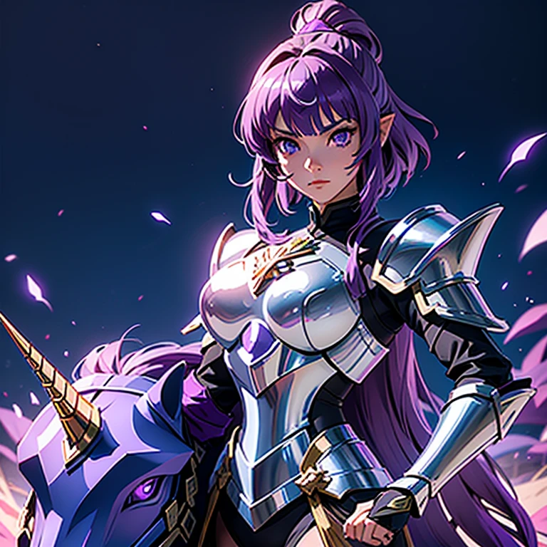 A woman wearing an armor , Saint Seiya, Unicorn Purple Armor, unicorn helmet, Dark and Purple hair, short hair, , Charismatic character, Avatar de seconde vie, Nice screenshot, Femme seduisante vue complète du corps, High quality, very detailed skin