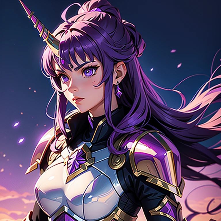 A woman wearing an armor , Saint Seiya, Unicorn Purple Armor, unicorn helmet, Dark and Purple hair, short hair, , Charismatic character, Avatar de seconde vie, Nice screenshot, Femme seduisante vue complète du corps, High quality, very detailed skin