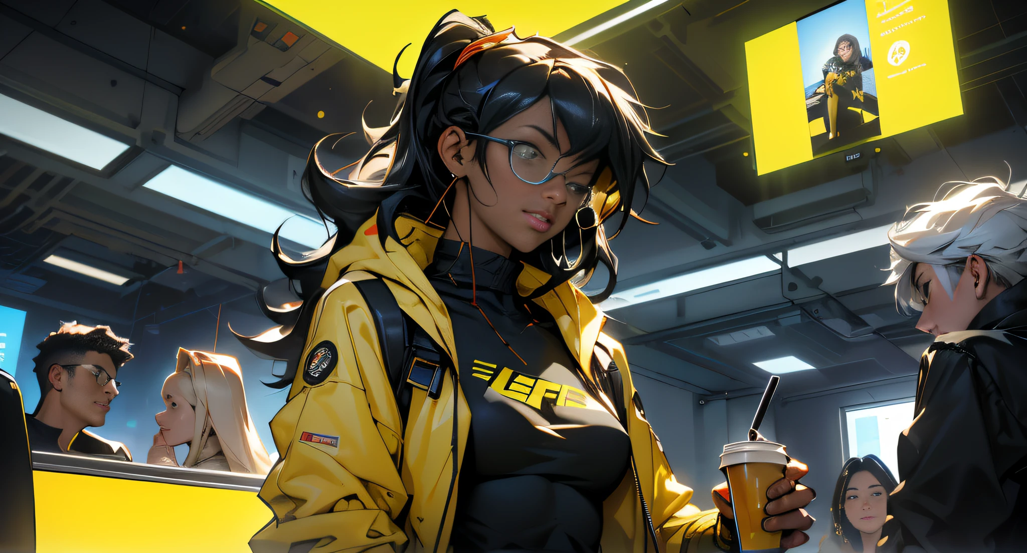 RAW, Masterpiece, Super Fine Photo, Ultra High Resolution, Photorealistic, Sunlight, Full Body Portrait, Stunningly Beautiful, Dynamic Poses, Delicate Face, Vibrant Eyes, solo, diverse group of friends, solo, deep ebony 1girl, black girl, beautiful face, curly afro hair, black lips, a female character is wearing a yellow and black colored top outfit with a backpack and a yellow hoodie jacket, black, yellow and white sports leisure, yellow futuristic smart goggles, clear lens, green eyes, leggings pants, long hair, diamond earrings, cybernetically enhanced, chatting and laughing in an office breakroom. The friends are gathered around a table or casually leaning against counters, engaged in lively conversation. Some are holding coffee cups or snacks, enjoying a break from work. The atmosphere is relaxed and friendly, with warm lighting enhancing the camaraderie. The breakroom is well-equipped with a coffee maker, microwave, and comfortable seating. Showcase diverse expressions and body language to illustrate the natural and comfortable interaction among the friends. Use vibrant colors and detailed features to bring life to the scene, conveying a sense of companionship and relaxation during this casual office moment., and a yellow hoodie jacket, black, yellow and white sports leisure, yellow futuristic smart goggles, clear lens, green eyes, leggings pants, long hair, diamond earrings, cybernetically enhanced, she is standing in front of spaceships and satellites, starry night sky, pigeoncore, neo-dadaist, Asuka Langley, neon genesis EVA suit, mechanized precision, space crew member, she holds an important position, in crowd spectator at a tech conference in the style of mecha sci-fi anime, 8k, best quality, highres, Unreal Engine:1.4,Ultra-realistic 64K CG, Photorealista:1.4, Skin Texture:1.4, Volumetric fog, 8k uhd, dslr, high quality, film grain, fair skin, photorealism, lomography, sprawling metropolis in a futuristic dystopia, translucent, safe for work