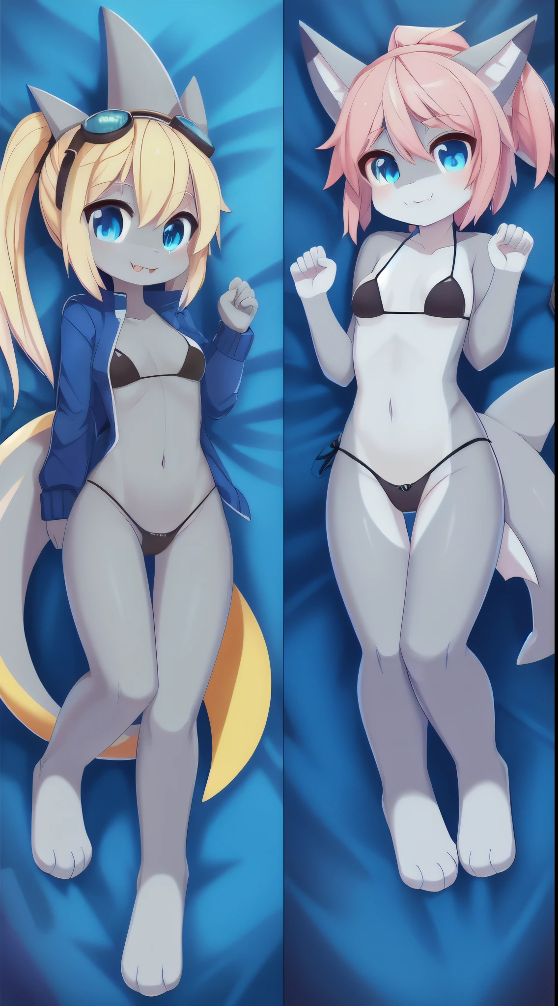 Shark girl, anthro, young, cute hair, long ponytail, two tone hair, blonde hair, pink hair, blue eyes, medium breasts, detailed body, furry ears, shark nose, blue jacket, open clothes, black micro bikini, masterpiece, looking at you, two tone body skin, gray body skin, clear gray body skin, detailed face, detailed eyes, detailed body, perfect lighting, perfect shadows, perfect eyes, perfect hair, perfect face, gorgeous body, detailed hands, glistering body, shiny body, goggles, fangs, :3, full body, feets whit three toes, dakimakura, pillowcase,