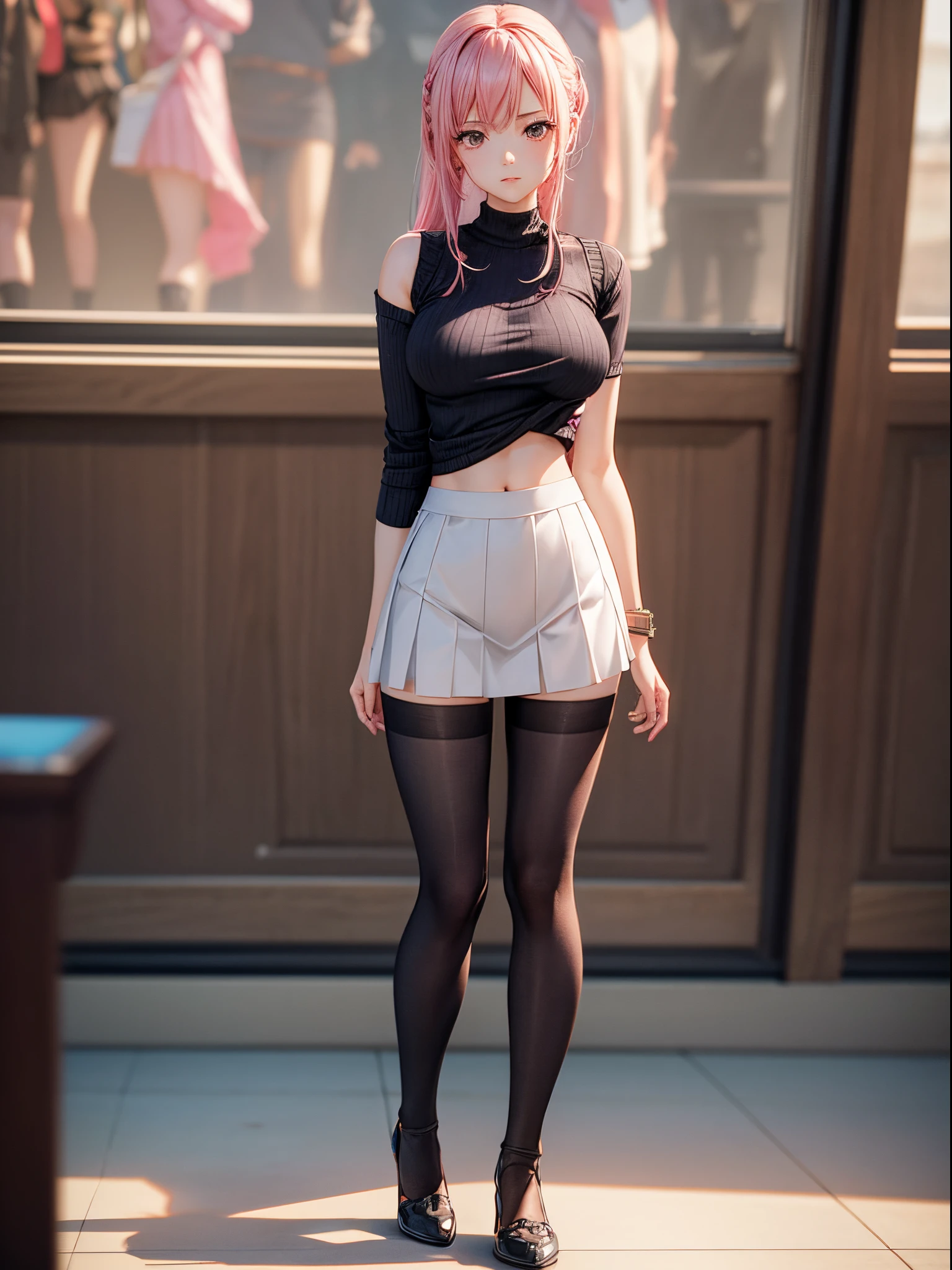 A woman wearing a pink sweater and a white pleated skirt, with black stockings on her legs, exposing her abdomen. She has a great figure, but her head is not visible. (best quality,4k,realistic),(best quality,4k,realistic)!!,[ 4K digital art ]!! perfect figure with realistic shadows, extremely detailed art style, realistic anime, by Shitao, popular topic on cgstation, casual posture, realistic anime 3D style